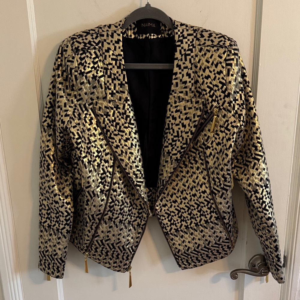 NAIMA Gold and Black Luxe Metallic Jacket with Gold-Tone Metal Zippers Size M